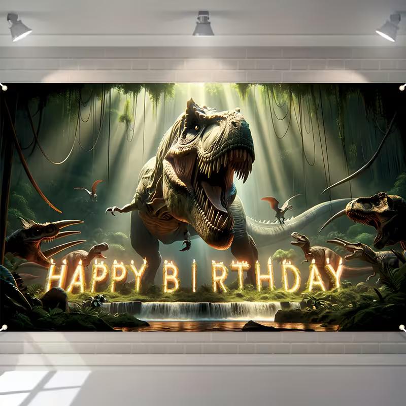 

2D Happy Birthday Dinosaur Banner, Jurassic T-Rex Jungle Background for Boys Birthday Photo Booth 47.2x31.5inch/120*80cm