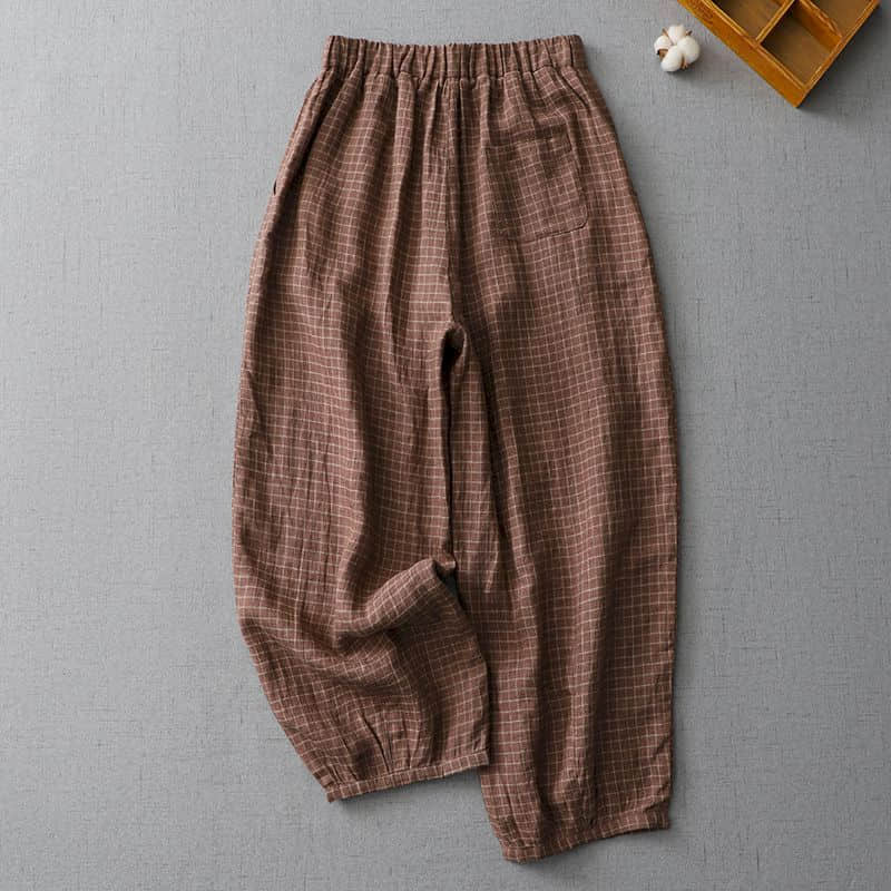 Cotton Linen Pants Plaid Loose Casual Vintage Korean Fashion Harajuku Trousers Women Clothing Bloomers Lantern Baggy Pants