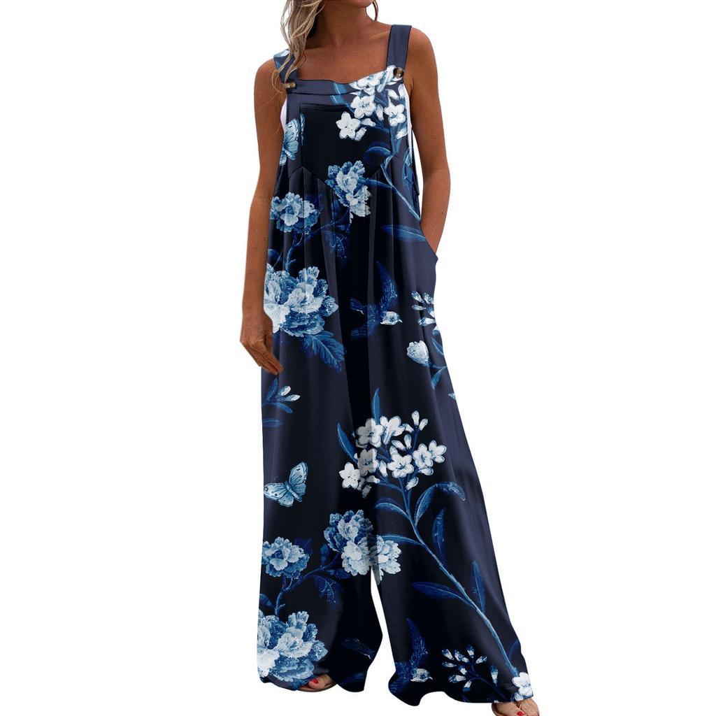 Womens Overalls Casual Print Wide Leg Jumpsuits Bib Rompers Sleeveless Straps With Pockets Outfits