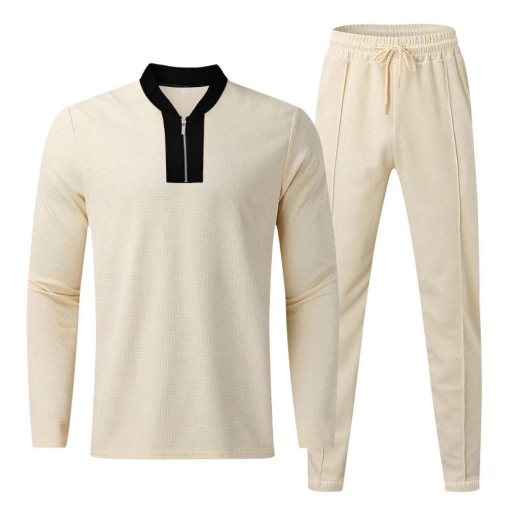Men's And Women's Solid-color Casual Long-sleeved And Long Pants Set, Men's Spliced Stand-up Collar Half Zipper Casual Set