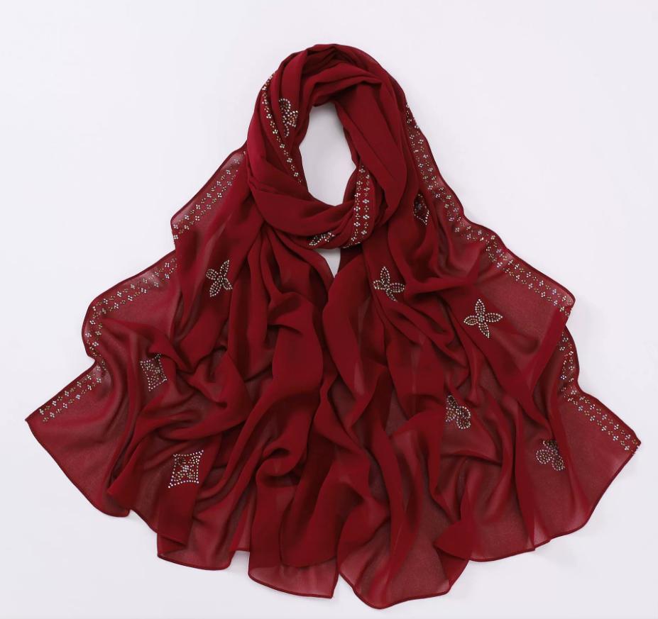 New Chiffon Hijab With Rhinestones Diamonds Scarf Shawls Solid Headscarf Wraps Ramadan Eid Hijabs Glitter Headband Turban