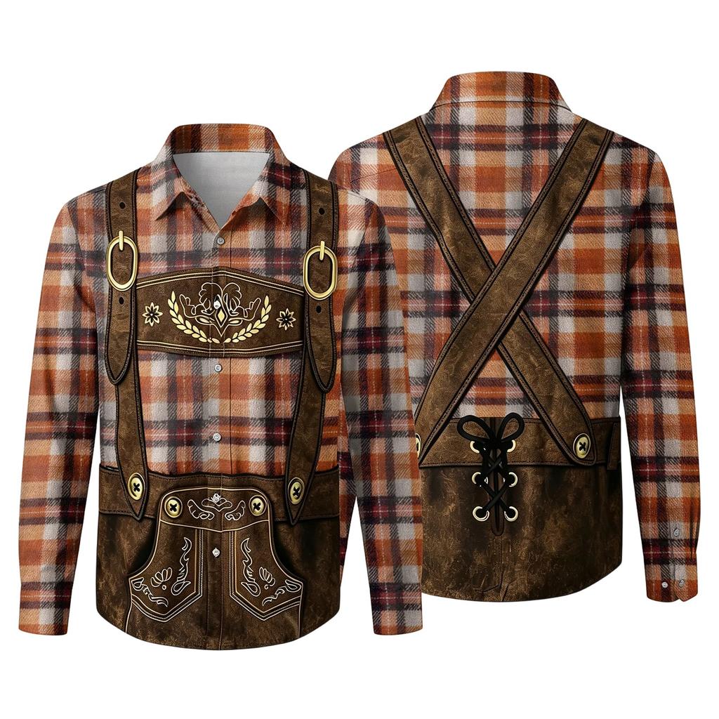 Herren Langarmhemd mit 3D-Druck Karomuster Klassischer Kragen Lockerer Schnitt Vintage-Stil für Festivals Partys und Outdoor-Aktivitäten