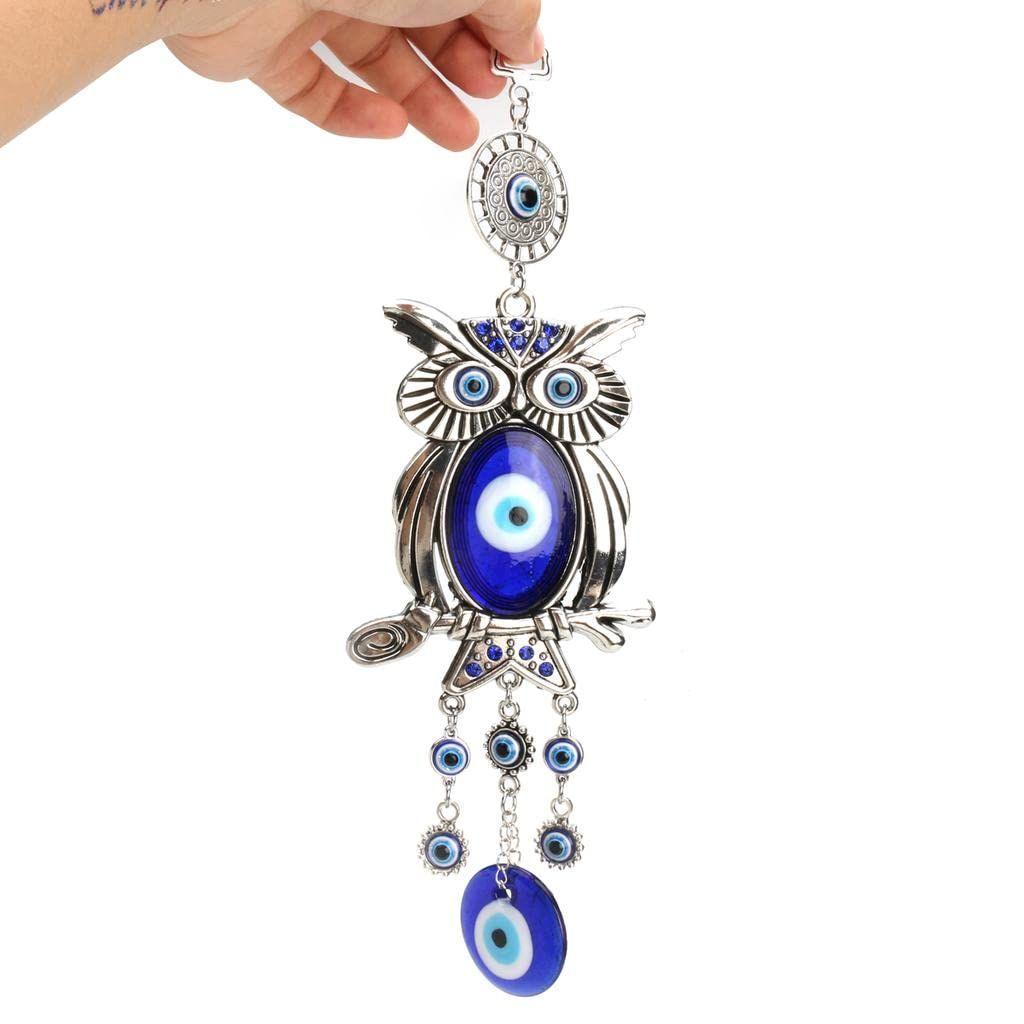 Eule Böser Blick Wandbehang – Handgefertigter Metall- & Glas-Nazar-Schutzanhänger | Spirituelle Heim- & Bürodekoration |
