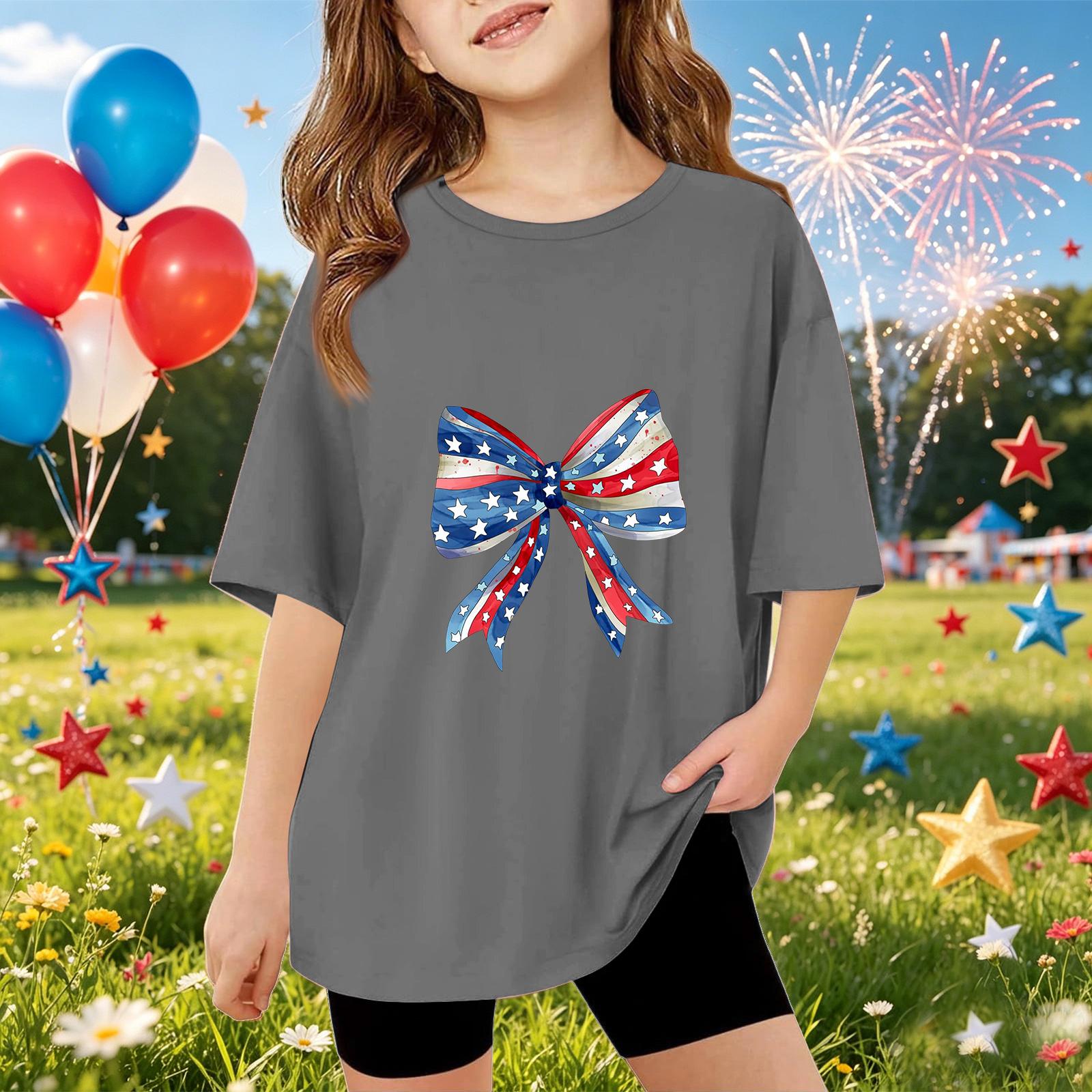 

Kids Short Sleeve T-Shirt Independence Day Print Top American Style Bow Graphic Tee Casual Fit Comfortable Fabric 110