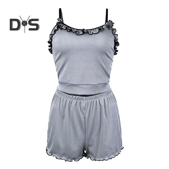 

2 шт./комплект, женская летняя пижама, костюм с оборками, пэчворк, без рукавов, с открытой спиной, полицейский топ, мини-шорты с высокой талией, повседневная ночная рубашка, облегающая одежда для сна S серый