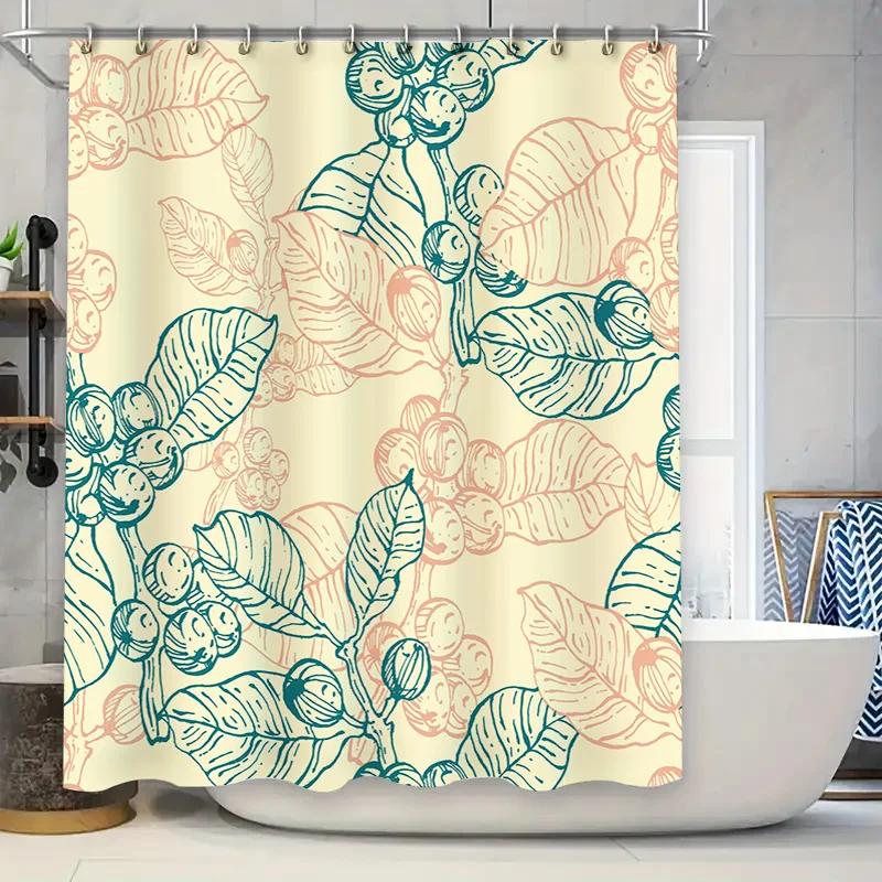 

Hand-drawn leaf shower curtain with smiley face design in blue and coral colors for bathroom decor available 90x180cm
