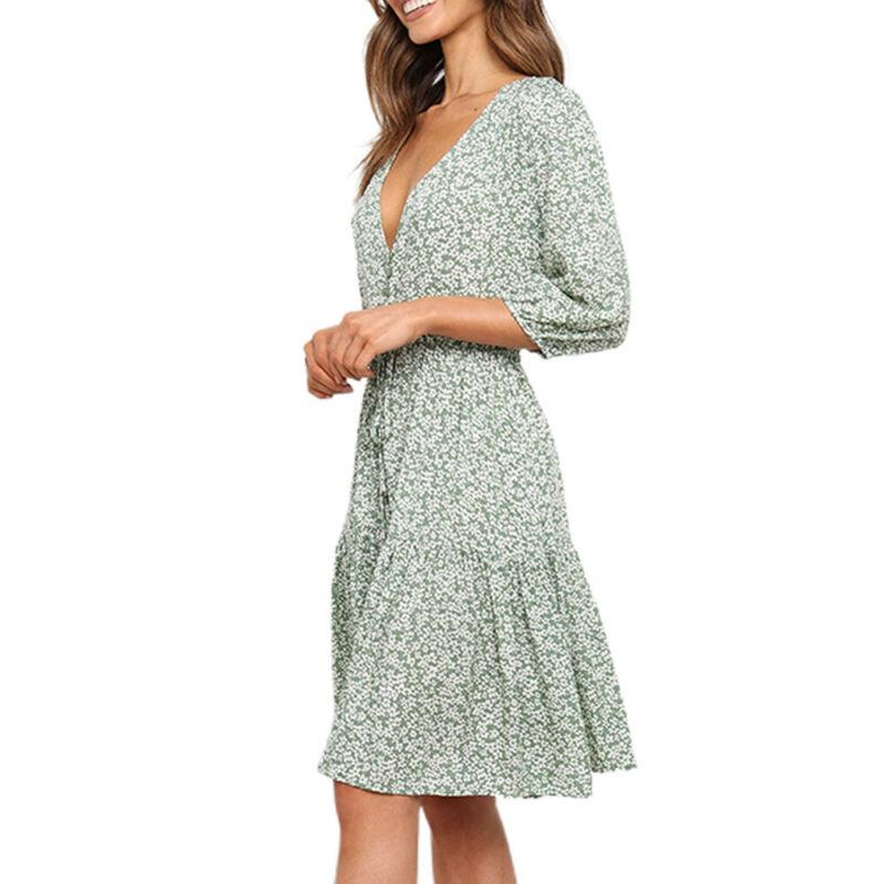 Buy V-neck Long Sleeve Floral Mini Dress Womens Summer Print Boho Shirt ...