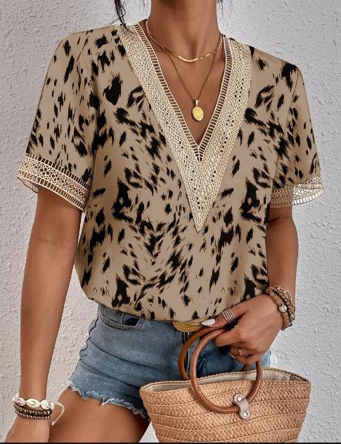 Women's V-Neck Lace Loose Top Commuter Short Sleeve Shirt Women's Splicing Design
