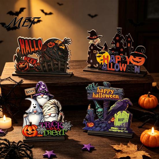 Decorative Pumpkin Skeleton Desktop Signs Halloween Wooden Table Centerpiece, Sign Ornaments, 3D Layered Gnome Spooky Home Decor for