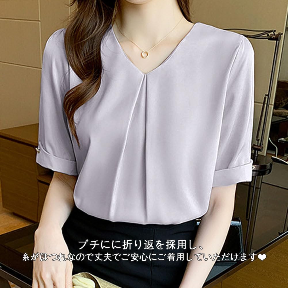 Short Chiffon Loose Body Summer [Bidason] Women's Blouse, Sleeve, Shirt, V-Neck, Summer, Fit, Slimming, Tuck, Casual, Covering, Neat, Stylish, Cute,