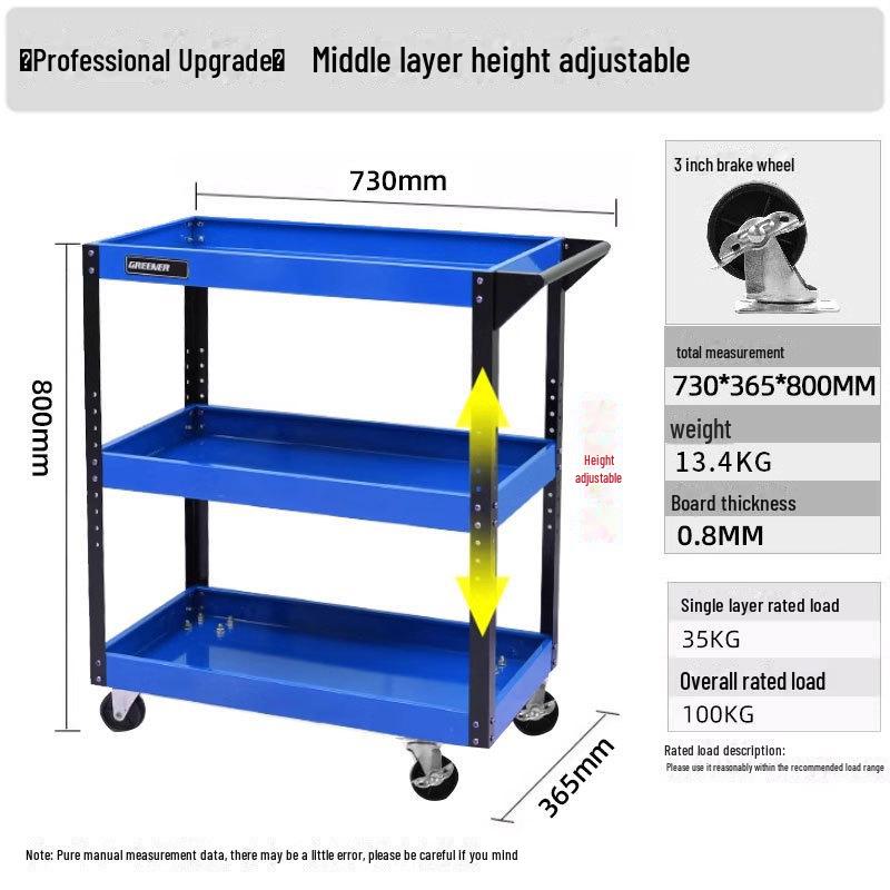 "Green Forest Utility Cart: Three-Layer Tool Trolley & Flatbed for Auto Repair & Beauty Supplies"