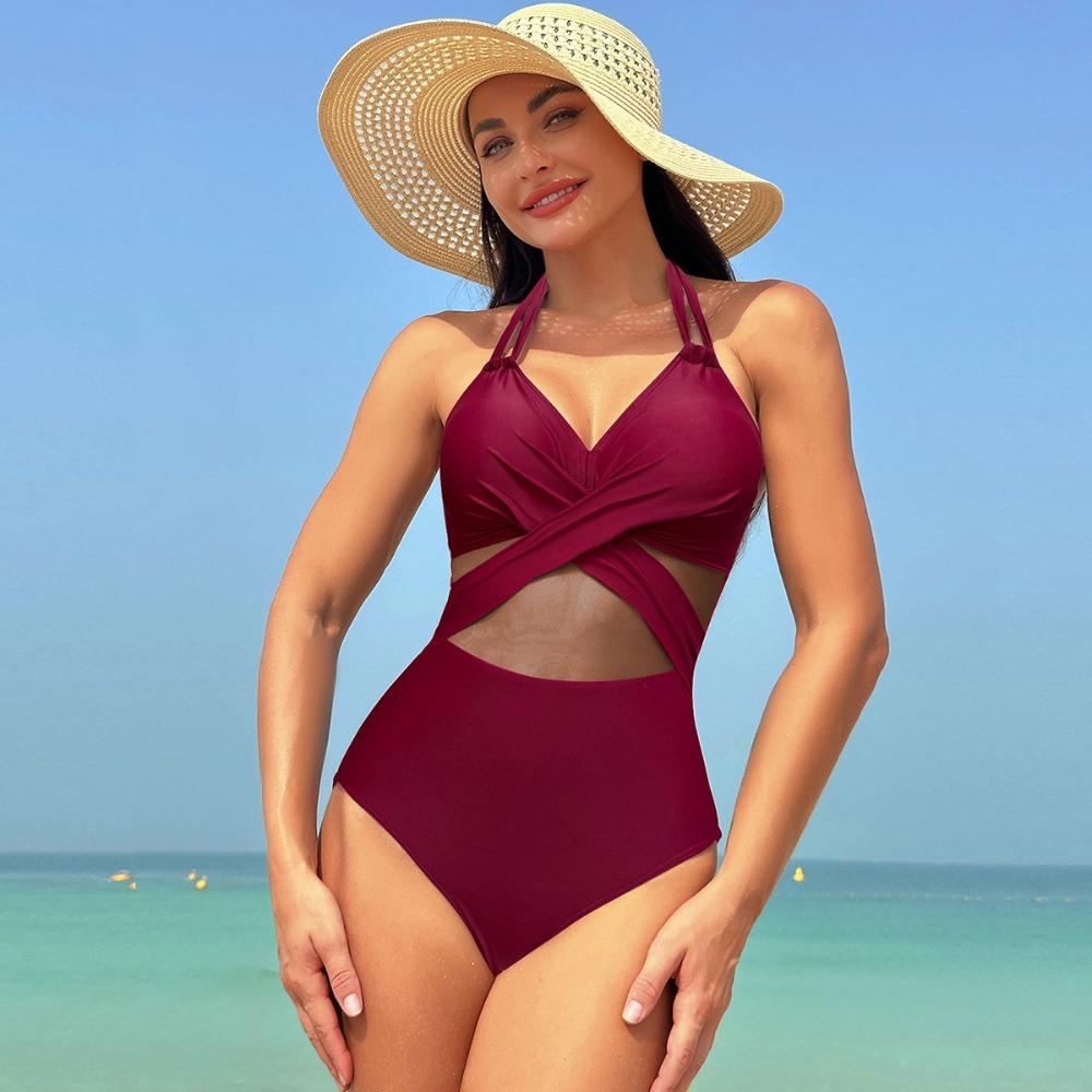 European and American One-piece Swimsuit Women's Solid Color Mesh Bikini Swimwear