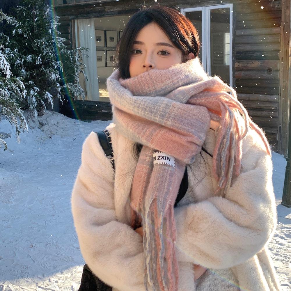 Korean Version Plaid Shawl Fringed Loop Yarn Scarf Female Winter Japanese Students Travel Versatile Thickened Warm Scarf