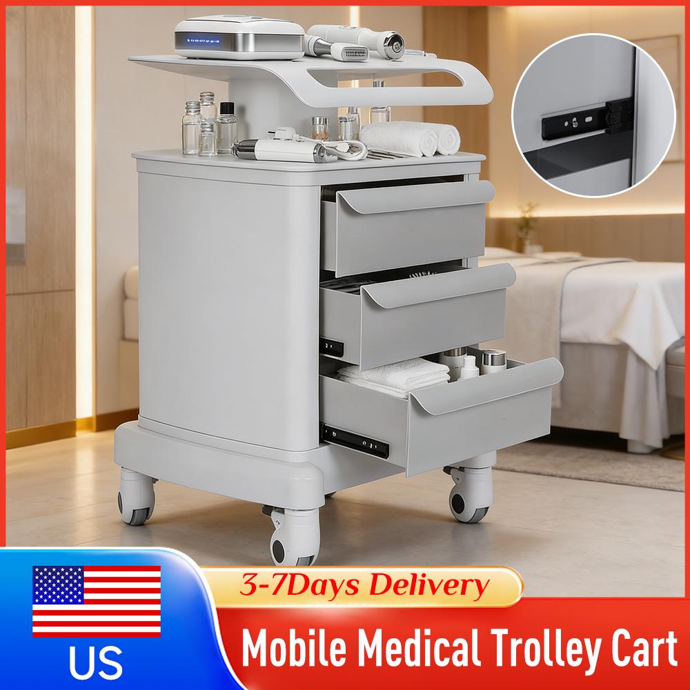 Rolling Mobile Ultrasound Trolley Cart with 3 Drawers 110LBS Load Esthetician Machine Stand for Beauty Salon Hospital Dental New