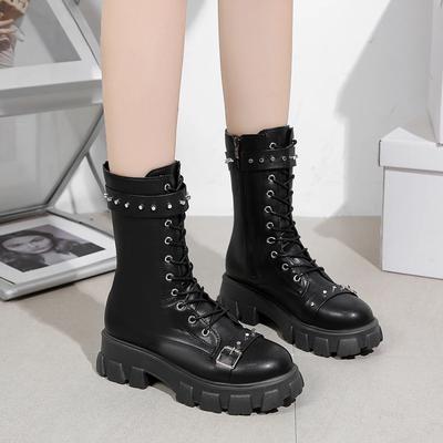 Fashion Fashion Large Size Women's Thick-soled Boots 2024 New Rivet Decoration Handsome Girl High-top Motorcycle Boots Botas De Mujer