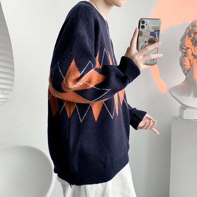 Men's Diamond Pattern Knit Sweater - Autumn/Winter Korean Style, Long Sleeve, Versatile, Trendy, Lazy Fit