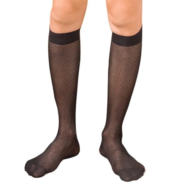 Elegant Mens Sheer Diamond Pattern Dress Socks See Through Nylon Business Formal Wear Thin Long Tube Over the Calf Socks