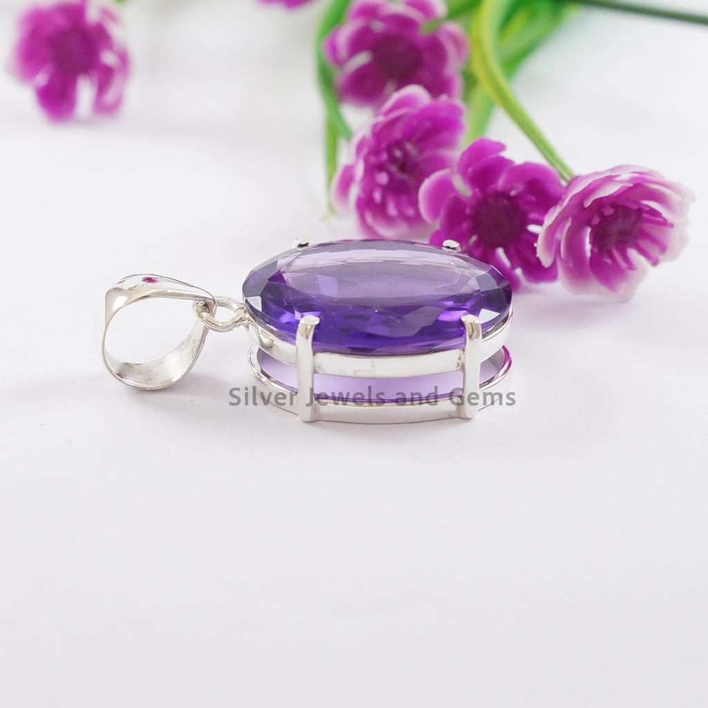 Natural Amethyst Pendant, Handmade Prong Pendant, 925 Sterling Silver Pendant, Oval Amethyst Pendant, Birthday Pendant
