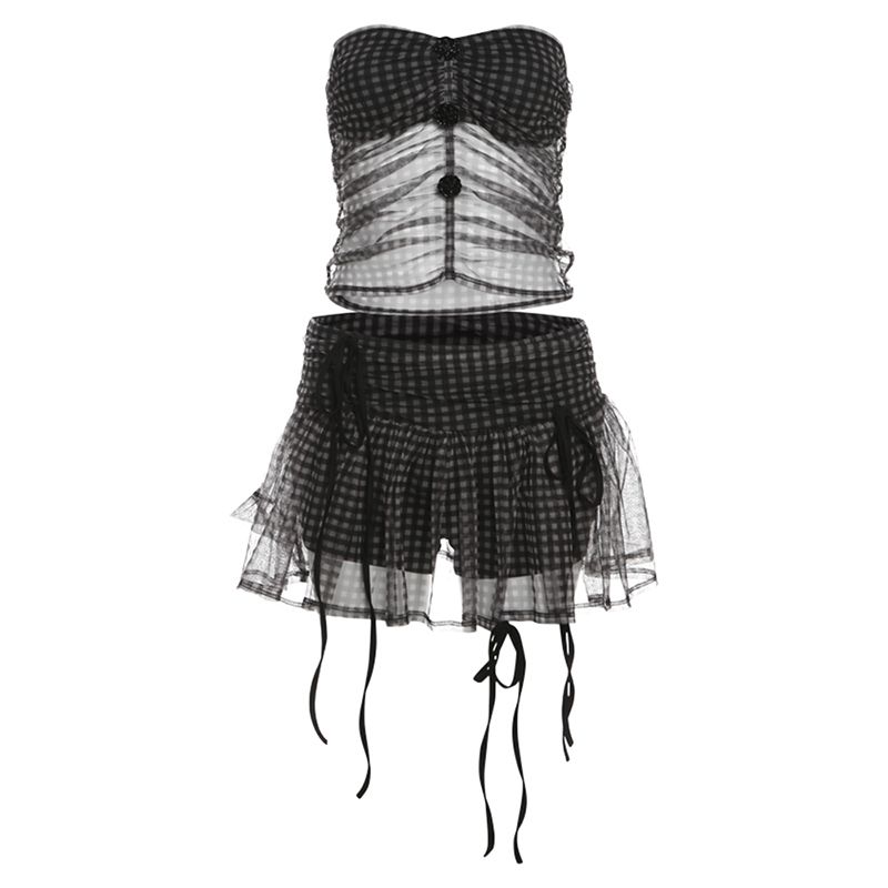 

Sisjuly Polka Dot Pleated Skirt Casual Suit Tube Top Black L