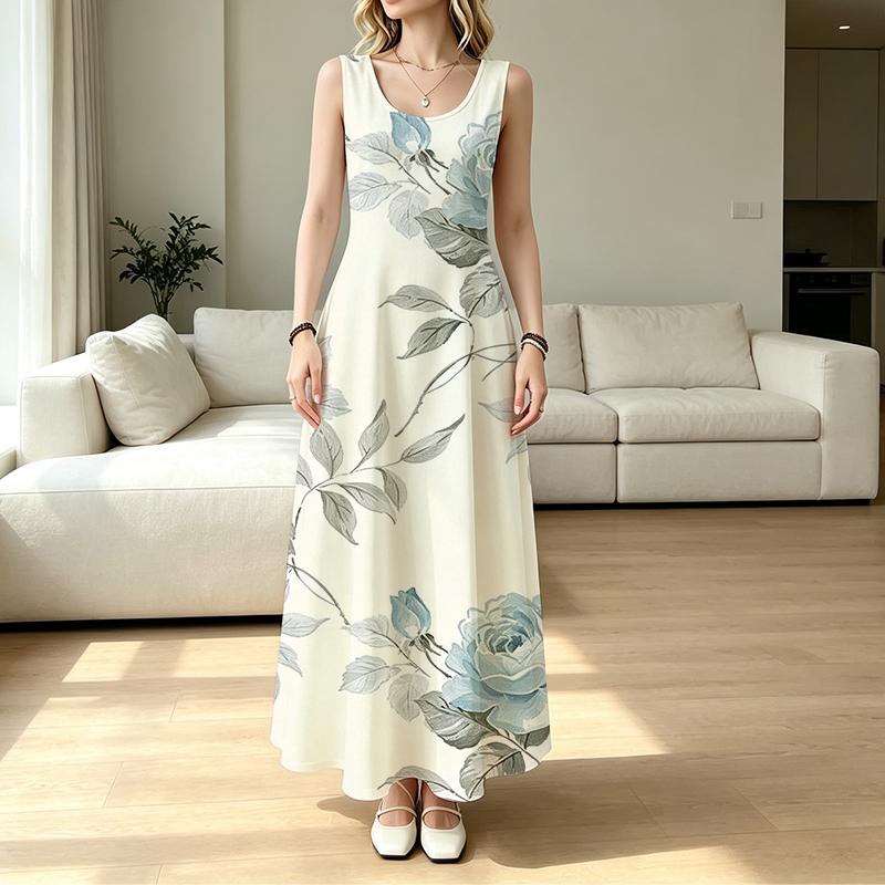 Women's Fashion U Neck Sleeveless Maxi Dress Lightweight Skin-friendly Floral Design for Beach Vacation,Summer Casual Outings,Daily Shopping