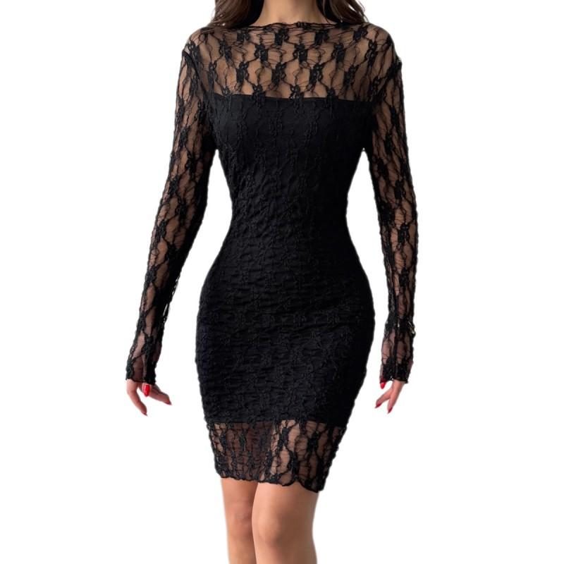 Womens Sexy Slim Lace Long Sleeve Dress Solid Color Daily Party Travel