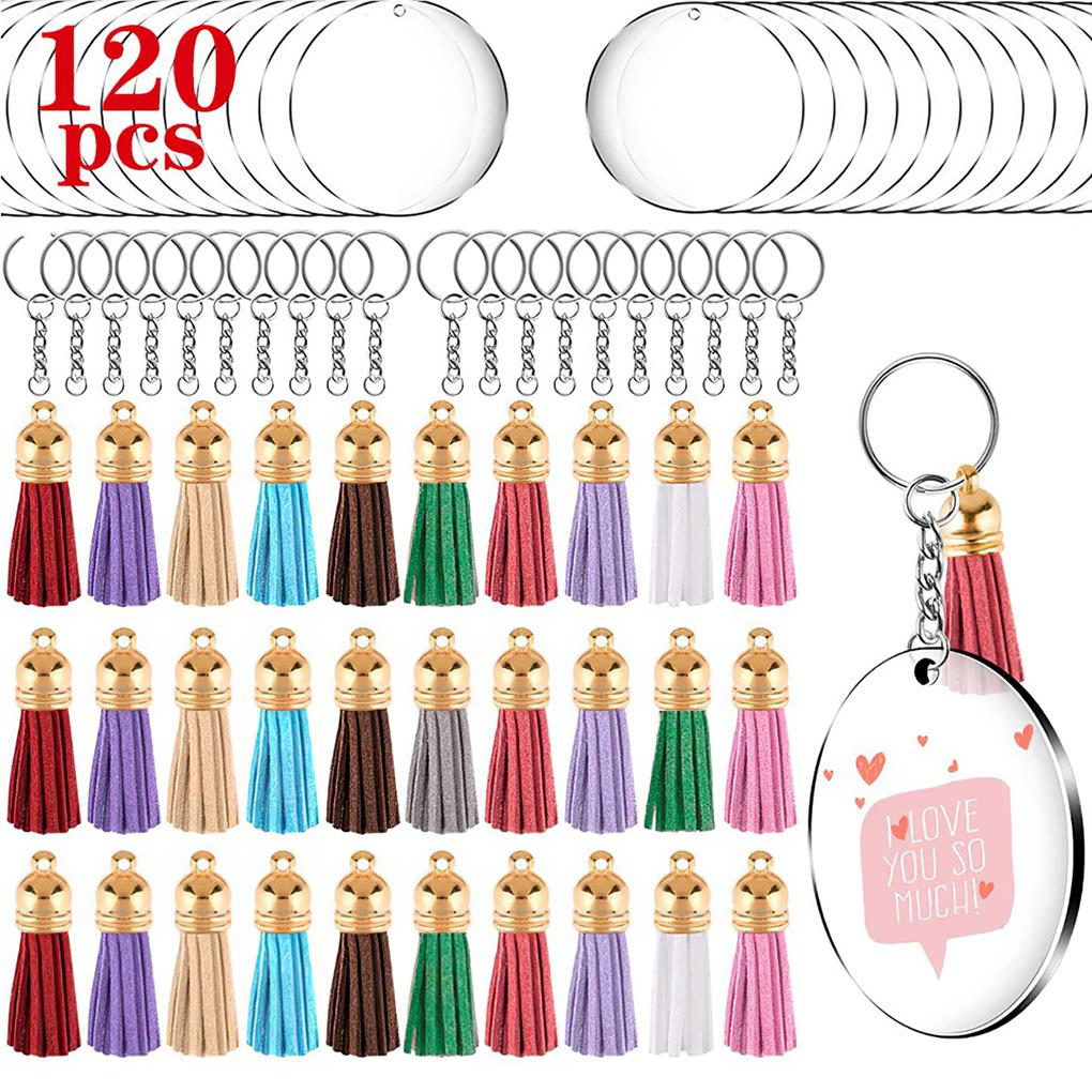 120pcs Key Chain Transparent Blank Craft Keys Leather Tassel Ornaments Christmas Halloween Thanksgiving Birthday