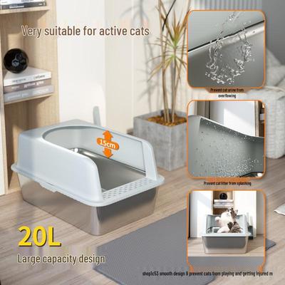 Extra Large Stainless Steel Semi-Closed Cat Litter Box - Easy Clean, Anti-Splash, Corrosion Resistant, Includes Scoop