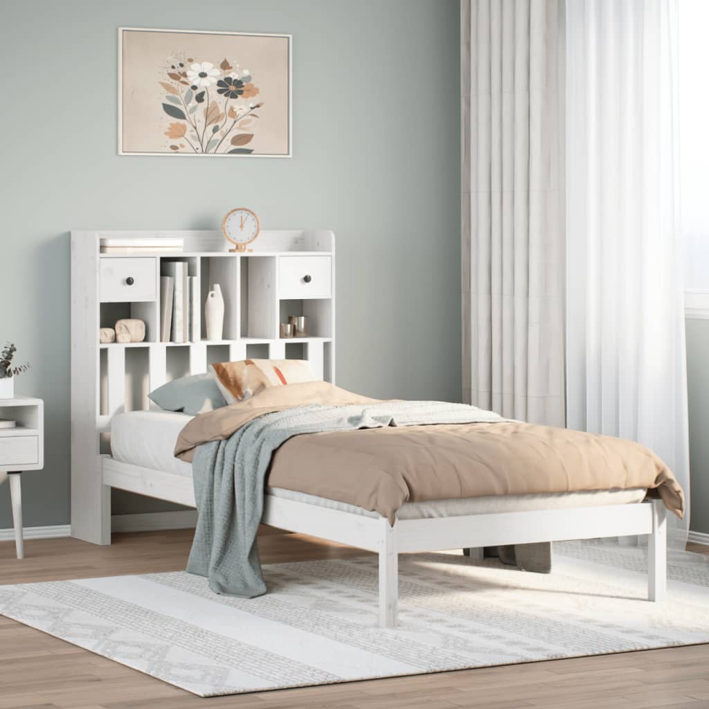 Solid Wood Bed with Shelf Without Mattress White 90x190 cm Pine