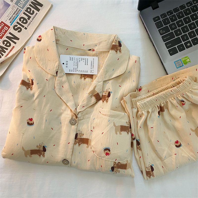 

Sweet cream sausage puppy pajamas women s summer short-sleeved shorts ins set can be worn outside loungewear two-piece set S