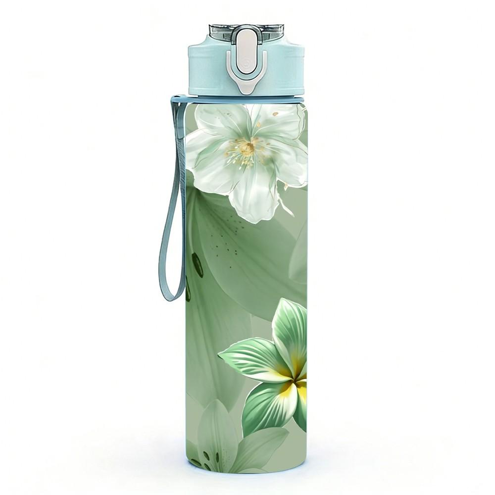 1PC Green Floral Leaf Marble Pattern 750ml Color Plastic Sports Water Bottle Leakproof Flip Straw Lid Suitable for Sports Office Home Use