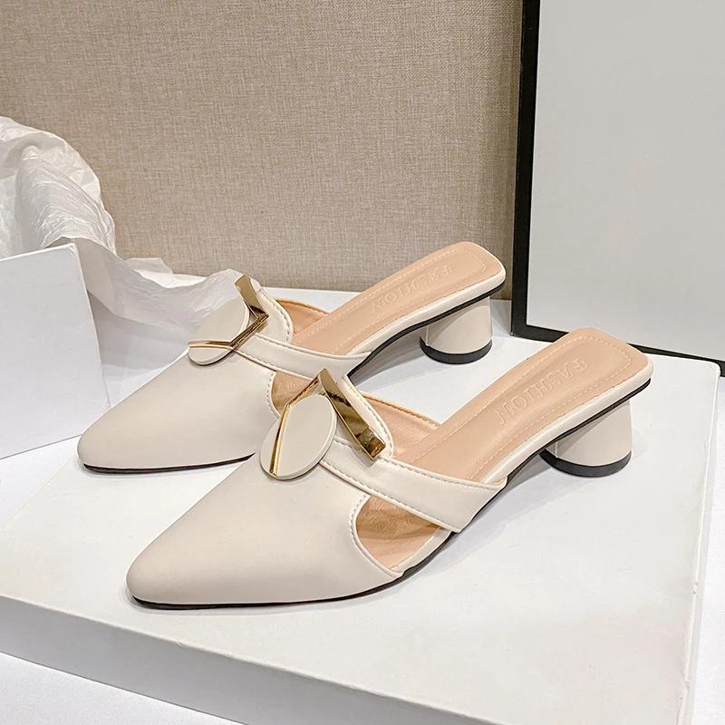 Chunky Heeled Women's Slippers Pointed Toe Mid Heels Shoes Elegant Pumps 2025 Summer Fashion Sandals Party Zapatillas De Mujer