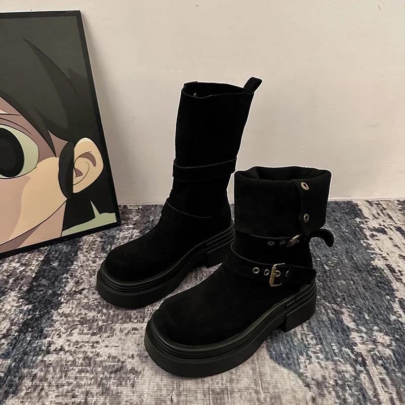 Fashion Belt Buckle Women Mordern Boots Design Height Increase  Shoes Autumn Winter Women's Mid Calf Booties