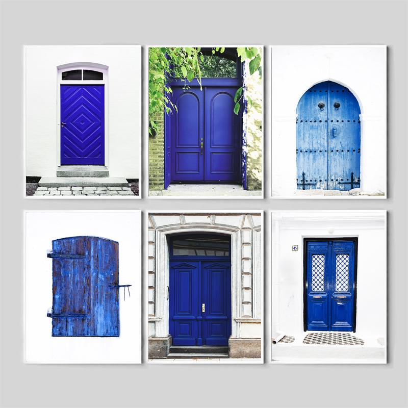 Blue Doors Mediterranean Wall Art Window Posters and Prints Nordic Architecture Wall Pictures for Living Room Decor