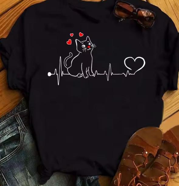 Women Cat Lover Graphic T Shirt Cute Cat On Heartbeat EKG Line Paw Heart Print Round Neck Short Sleeve Lightweight Summer Casual Cat Mom Tee