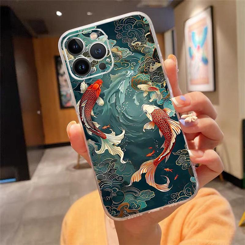 

Japanese Koi Fish Phone Case For iPhone 17 Pro Max Air 16 15 14 13 Pro Max 15 16 Pro 15Plus Silicone Cover iPhone 17