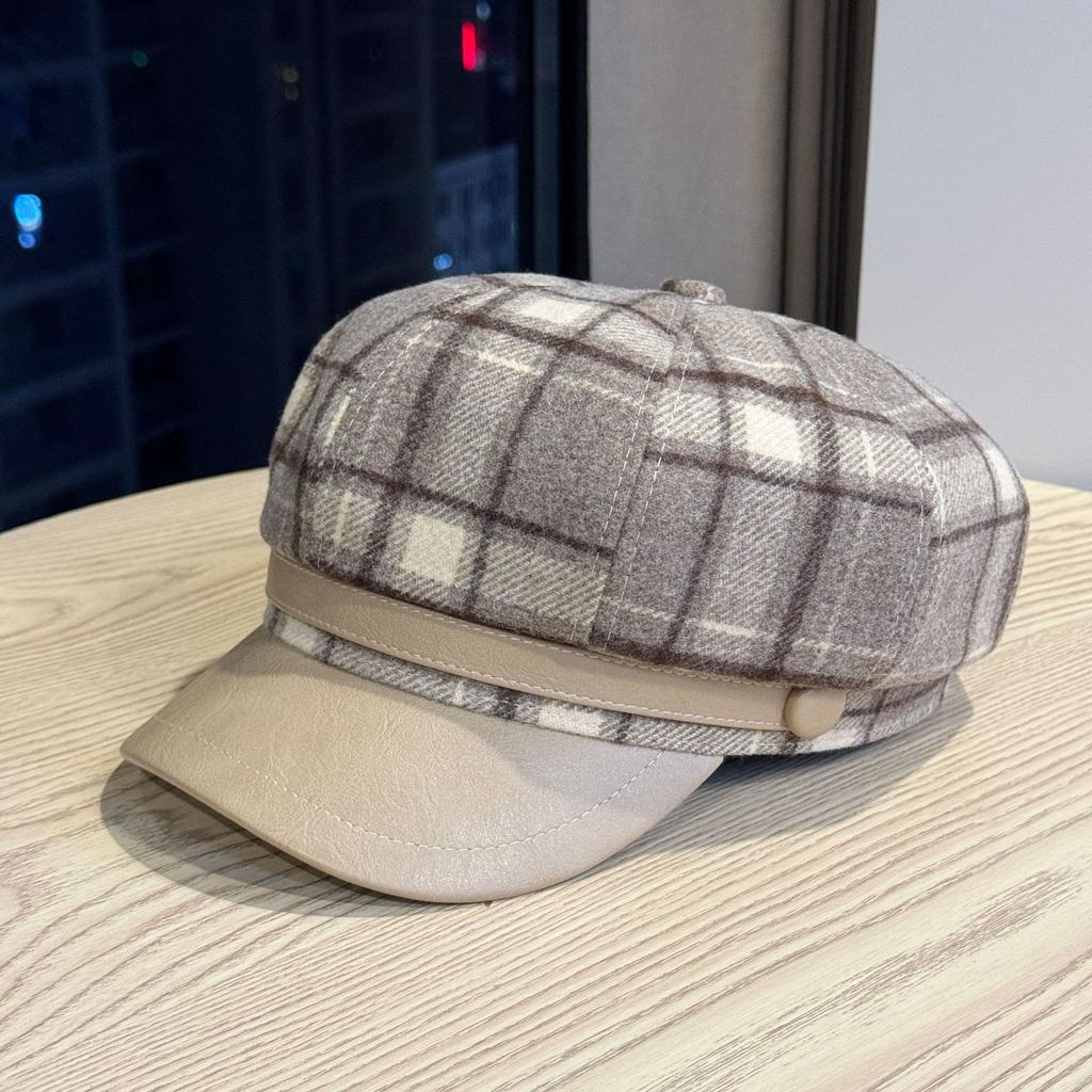 Red Plaid Woolen Octagonal Hat for Women in Autumn and Winter Korean Style Retro Beret New Retro Newsboy Hat Trend