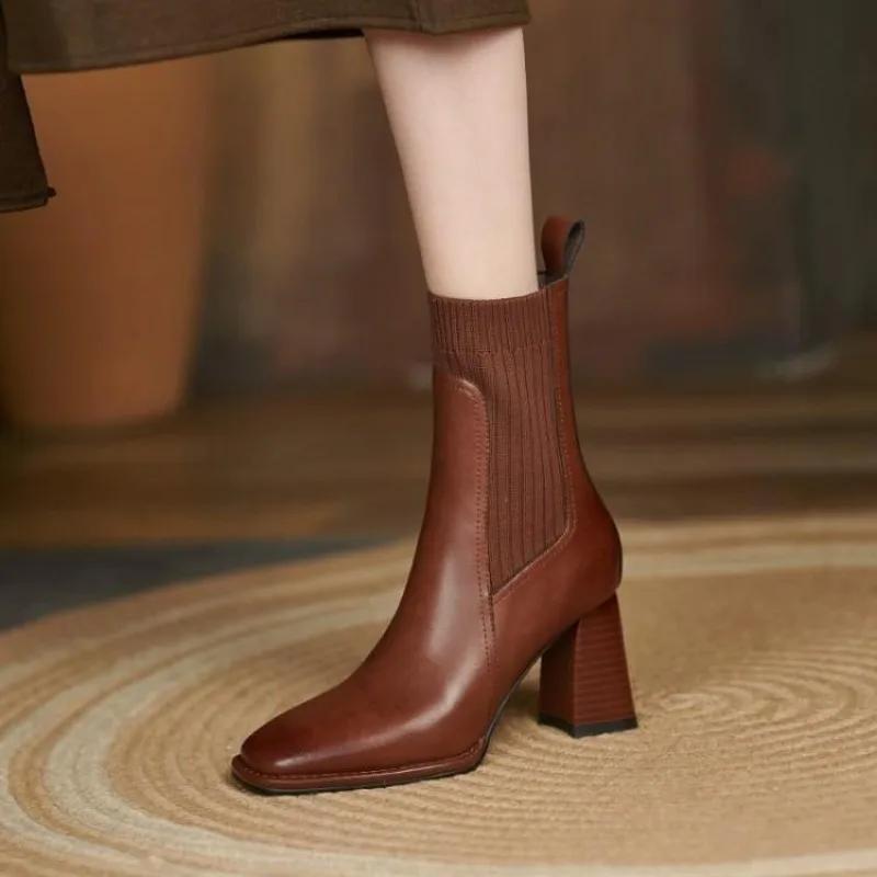 Square headed retro French style thick heel short boots for women new brown knitted women s boots elastic socks boots 35 3170₽