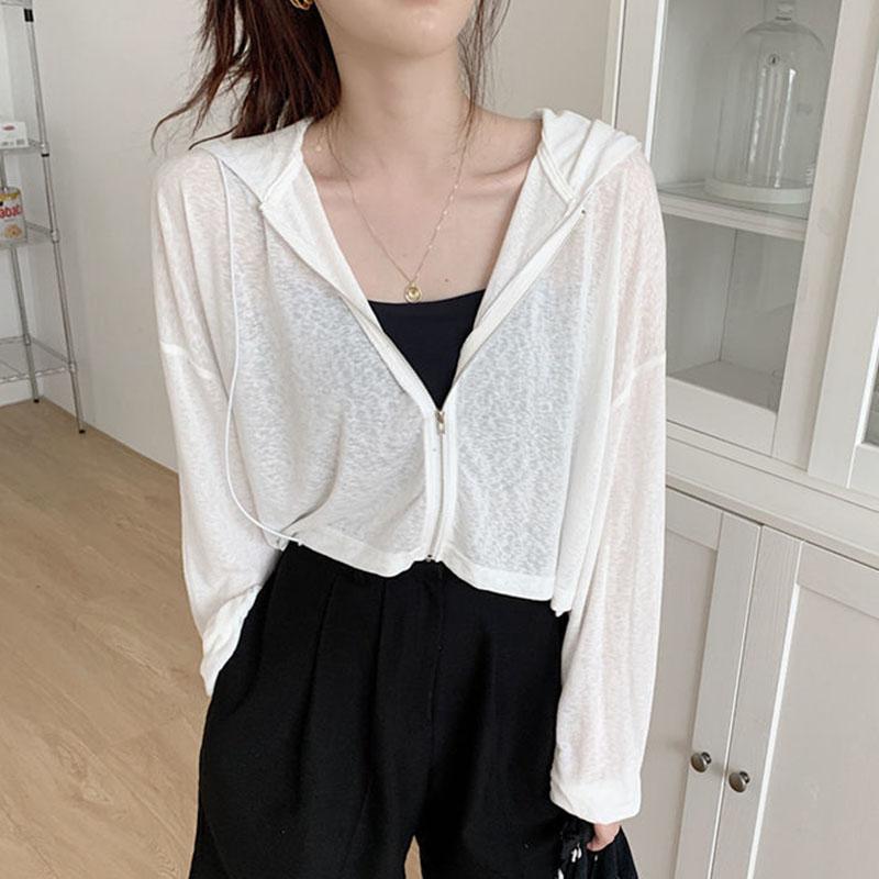 

Солнцезащитный кардиган, женский тонкий короткий топ, с длинными рукавами, с капюшоном, свободная солнцезащитная одежда, летняя шаль, тонкая куртка на молнии, легкая и дышащая S белый