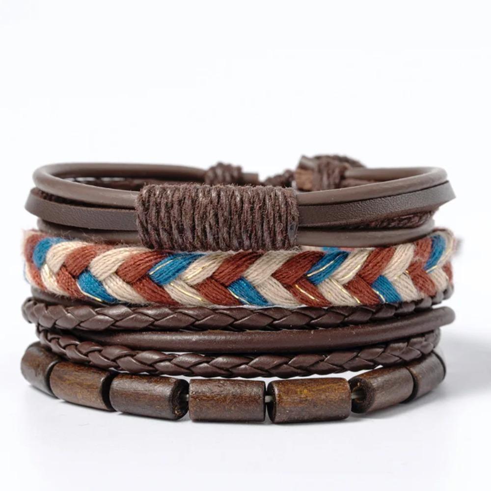 Braided Leather Bracelets for Men Vintage Life Tree Charm Wood Beads Ethnic Tribal Wristband Rope Bracelet Set