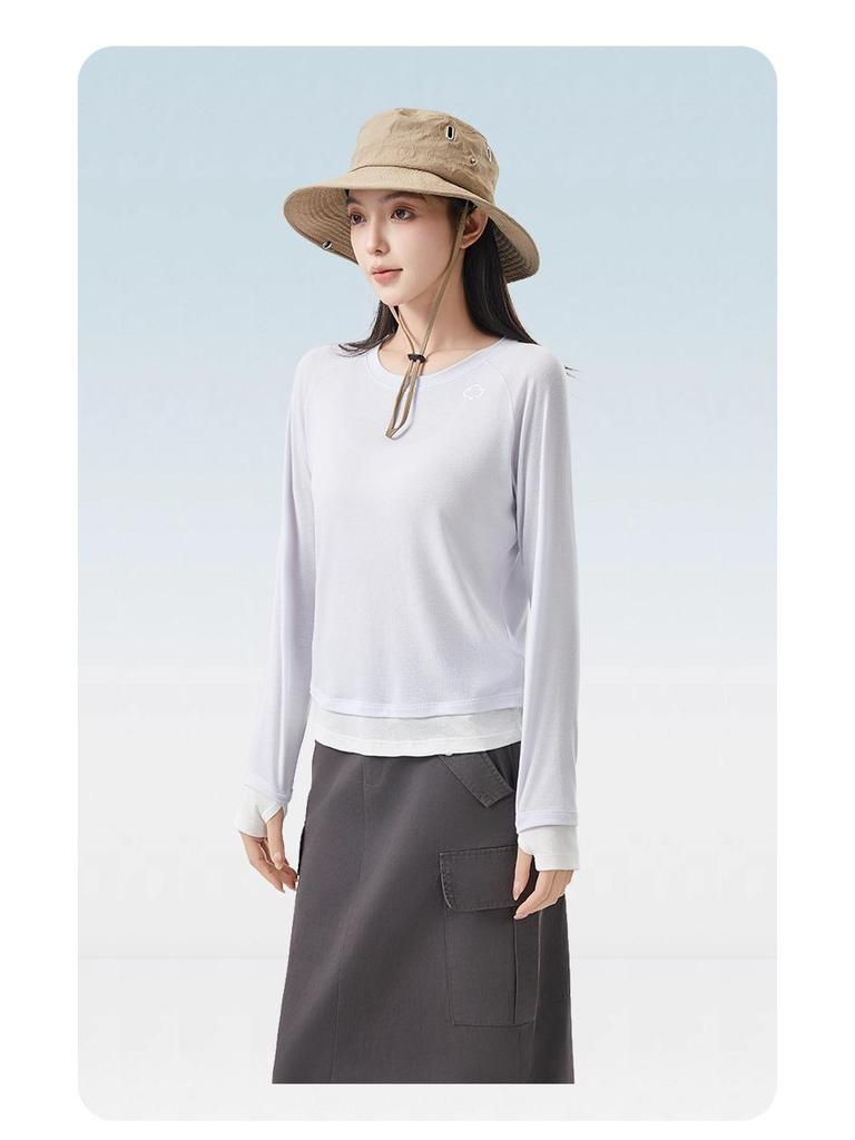 Dámské průsvitné tričko s dlouhým rukávem z lyocellu a lnu slim-fit s designem falešného dvoudílného vzhledu