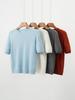 Women's Cashmere Mulberry Silk Round Neck Short Sleeve Knit Top, Plain Color, Loose-Fit, Three-Quarter Sleeve Sweater.