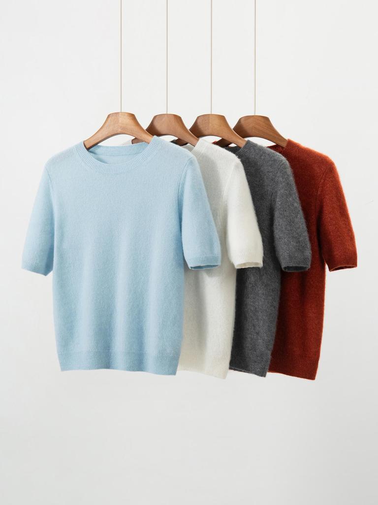 Women's Cashmere Mulberry Silk Round Neck Short Sleeve Knit Top, Plain Color, Loose-Fit, Three-Quarter Sleeve Sweater.
