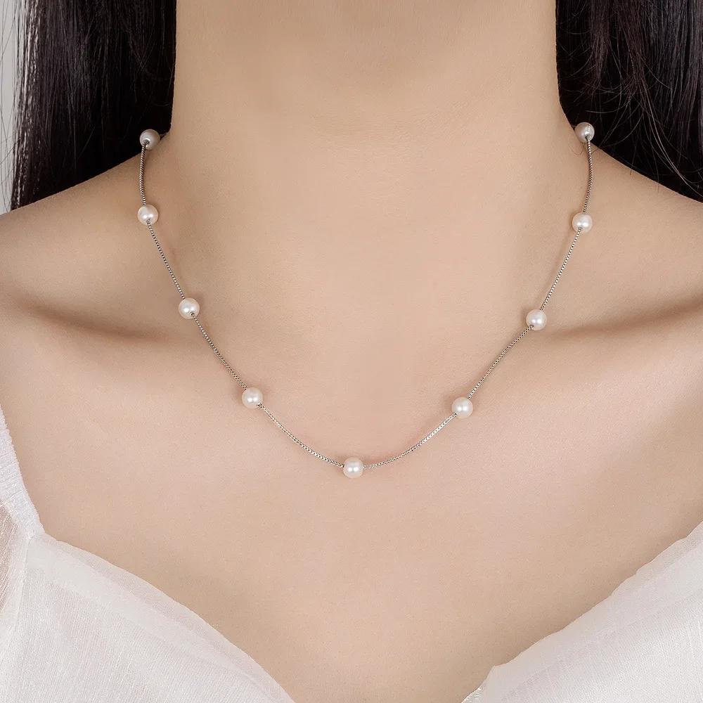 Fashion Female Necklace  Sterling Silver Stackable Pearl Box Chain Pendant Necklace for Women Choker Statement Length 44CM