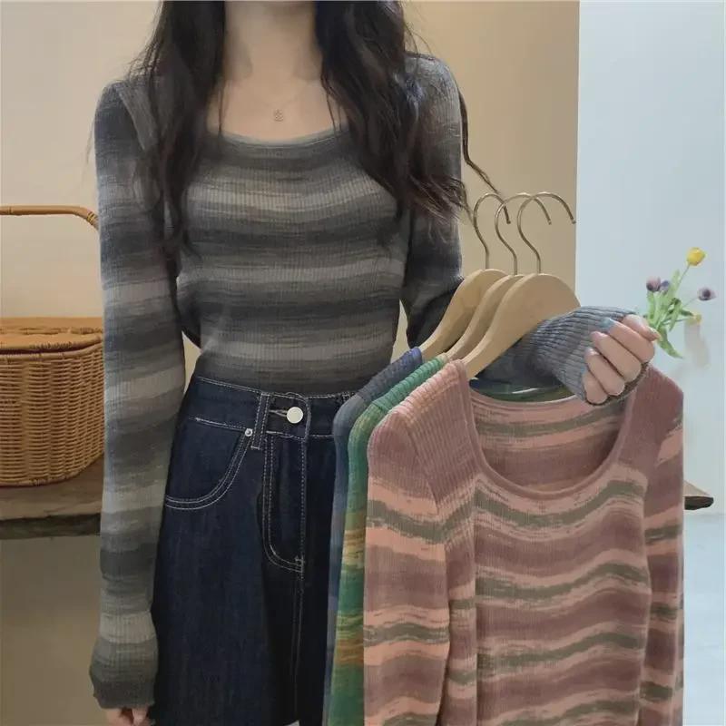 Women's Slim Fit Striped Contrast Long-Sleeve Autumn Sweater