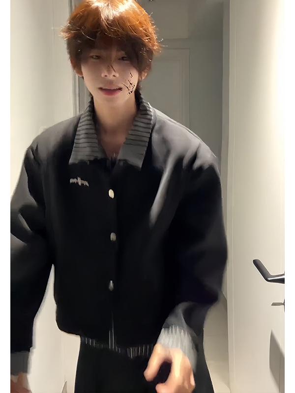Men's Black Faux Two-Piece Hoodie Cardigan - Street Style, High-End Feel, Striped Patchwork Shirt, American Cleanfit Jacket