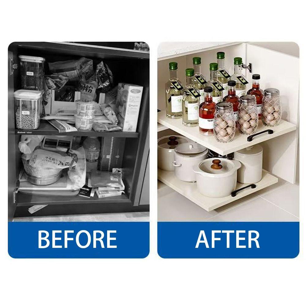 Slide Out Kitchen Storage Shelf No Drill Storage Tray Cabinet Organizer  Dishes Cups Supply