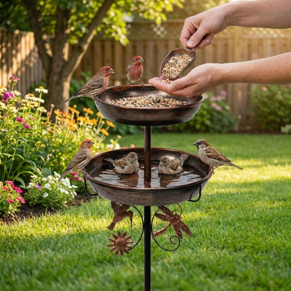 Sturdy Iron Bird Bath Feeder Double Layer Bird Water Drinker Bird Feeding Station Outdoor Garden