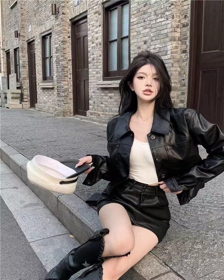 American Spicy Girl PU Leather High-Waisted A-Line Mini Skirt - Slimming, Sexy, Autumn/Winter Hip-Hugging Style for Women