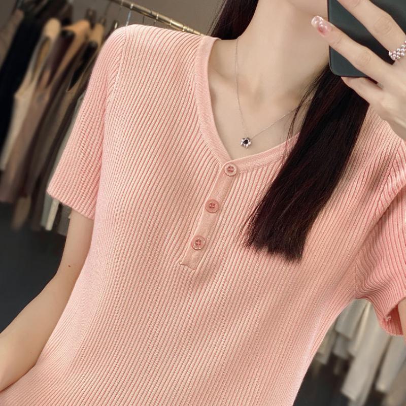 V-neck Ice Silk Sweater In Summer New Collarbone Fashionable Short-sleeved Top Fashionable Versatile Pullover Base Shirt