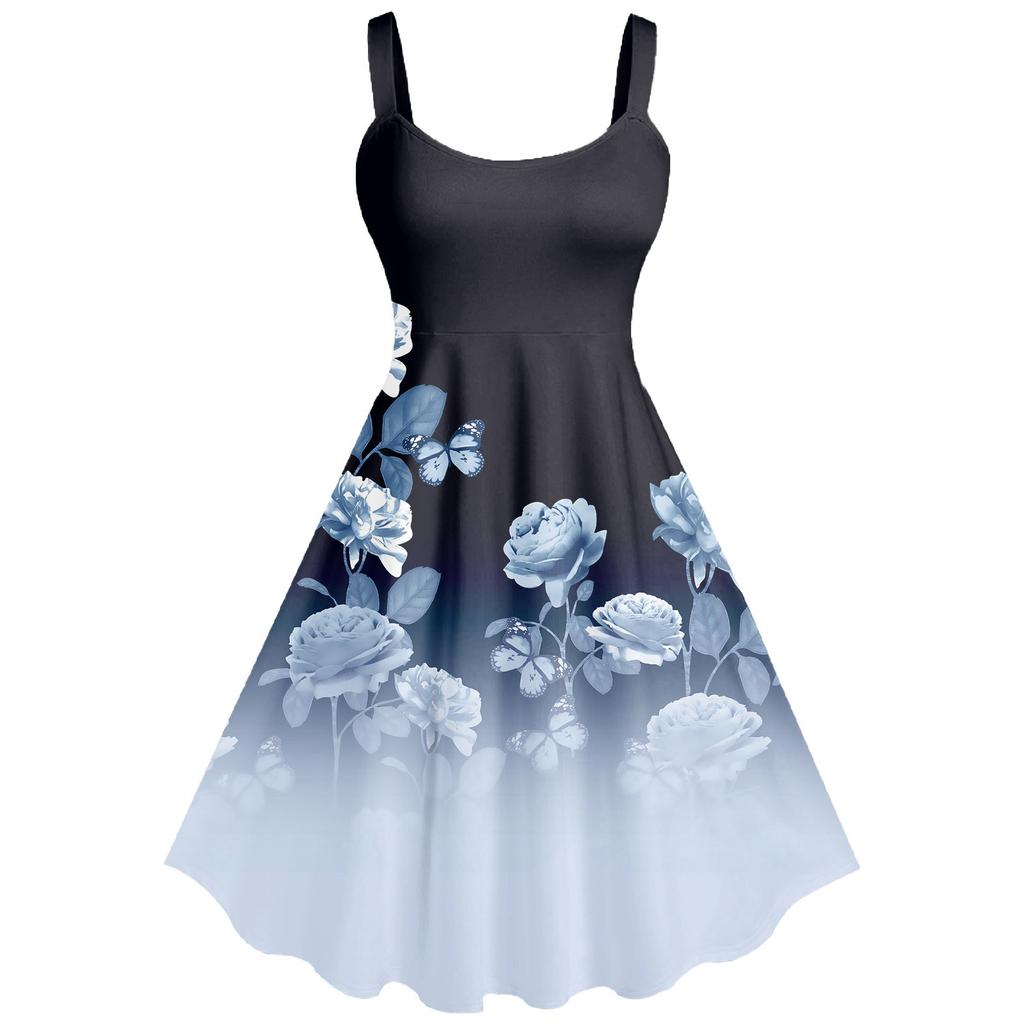 Women's Casual And Fashionable Print Sexy Suspender Retro Dress Big Swing Dress Dress